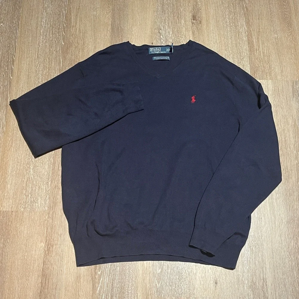 Polo Ralph Lauren XXL Pima Cotton V-Neck Sweater Men Navy Blue Red Logo Pony EUC